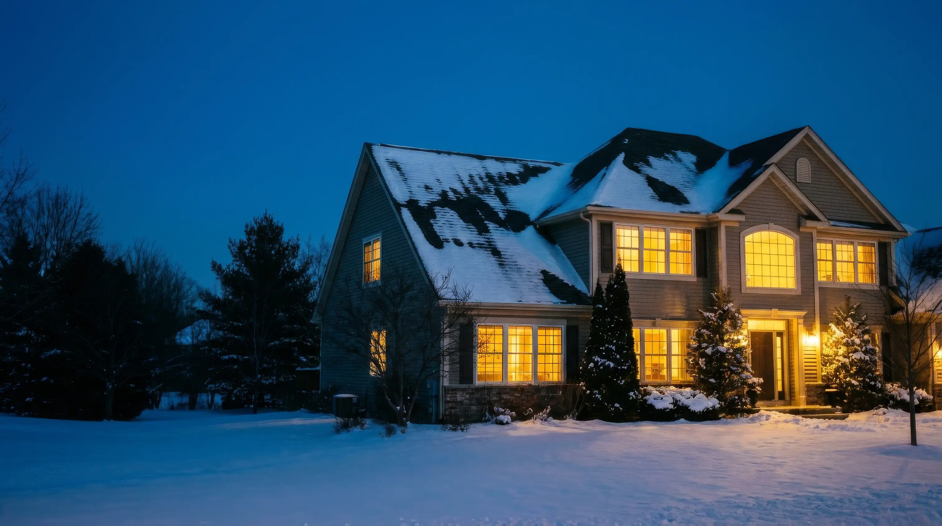A house on a winter evening, its roof snow melted away in uneven patches